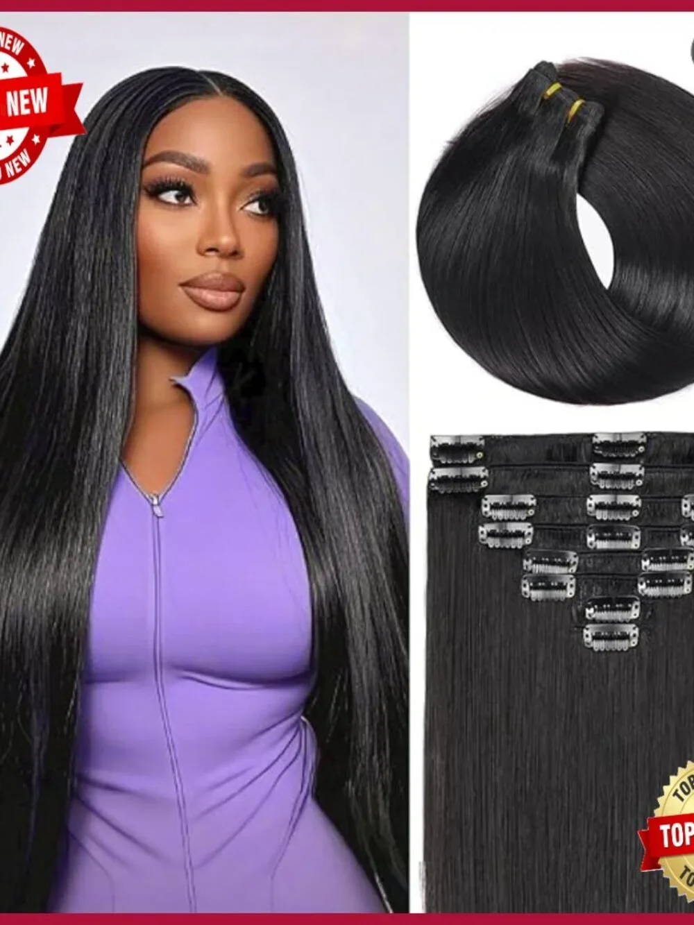 24 Inch Clip In Human Hair Extensions, 8 Piece Set, Seamless Straight